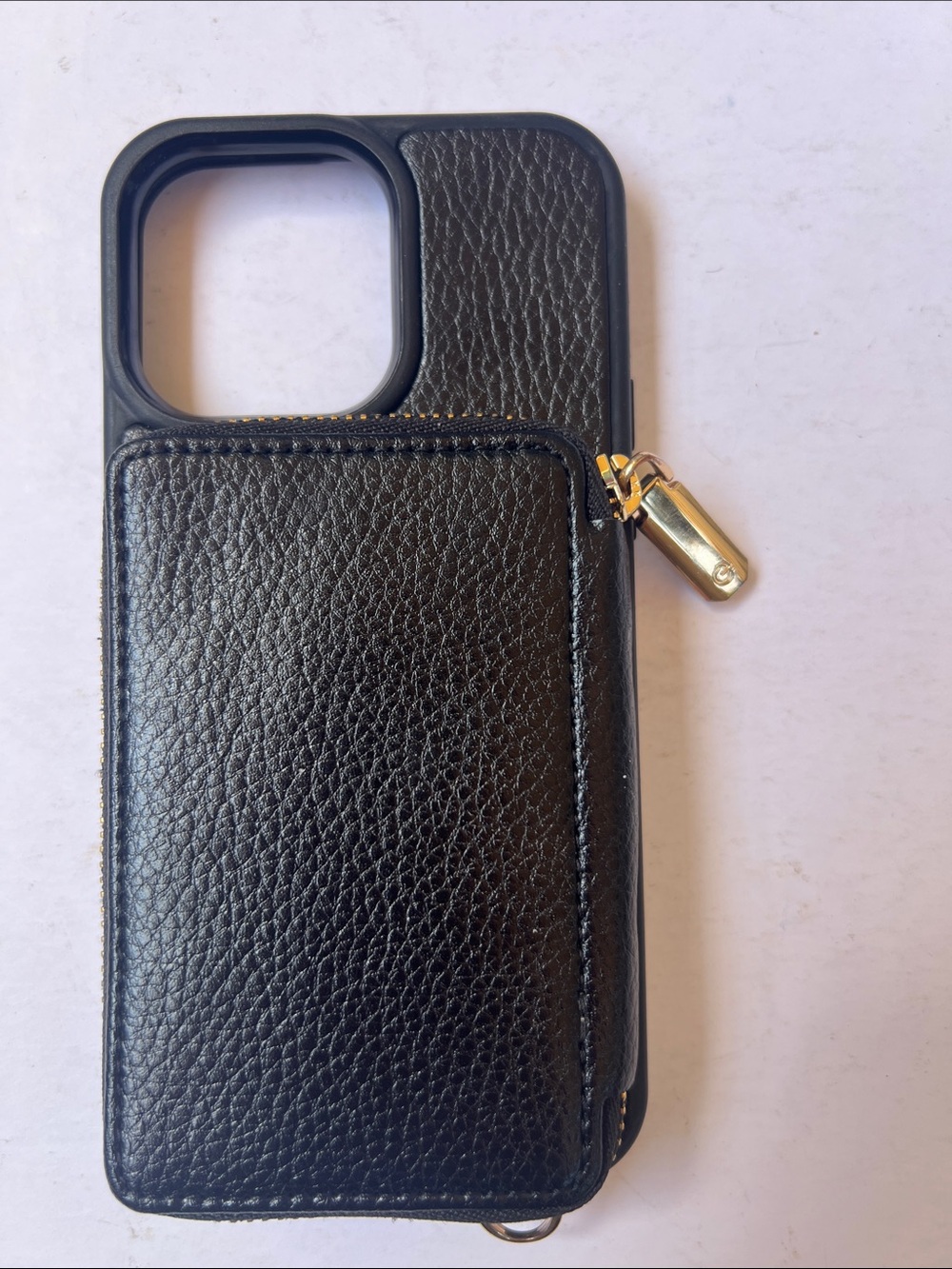 Black Leather Zipper Wallet Phone Case with Gold Accent